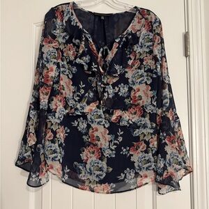 White House Black Market Floral Blouse - Navy and Pink